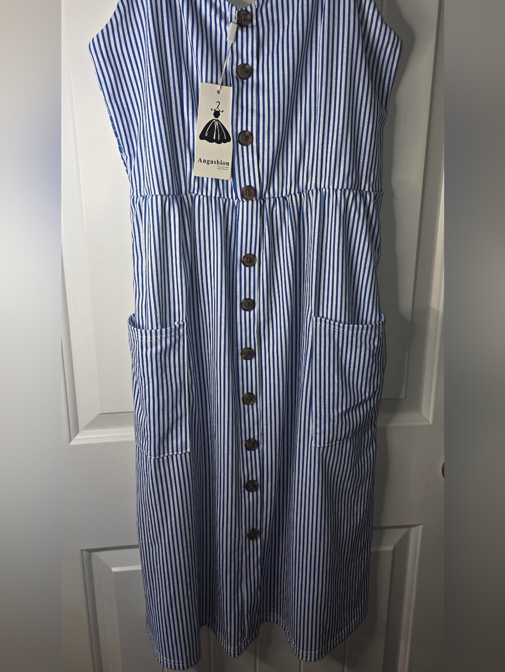 Angashion Striped Button-Front Midi Dress with Pockets Large NWT